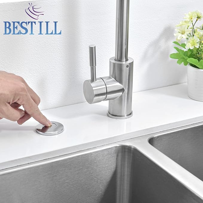 BESTILL Garbage Disposal Air Switch Kit - UL Listed, Brass 3.6" Long Push Button for Waste Disposer, Cordless Sink Top Switch Button, Polished Chrome, Compatible with all Garbage Disposals