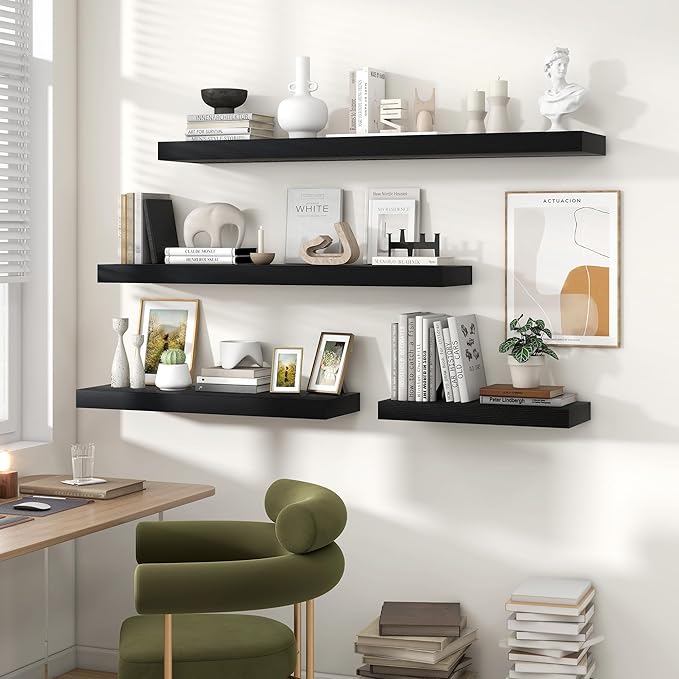 Heimlove 55 Inch Floating Shelves for Wall,10 Deep Large Black Wall Shelf with Heavy Duty Brackets,Wall Mounted Storage & Display Shelves for Bedroom,Living Room,Kitchen,Office
