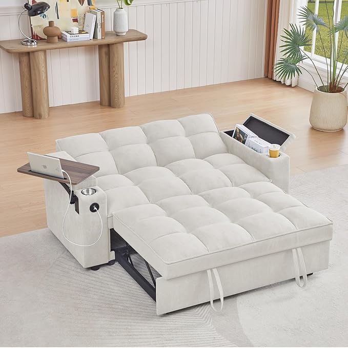 65''Convertible Sleeper Sofa Bed,3-in-1 Pull Out Couch Bed with 360 Degree rotatable Side Table and USB Ports for Living Room,RV (07beige)