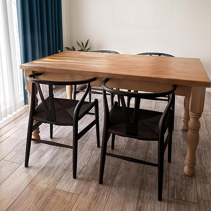 Wishbone Chair, Solid Wood Armrest Woven Seat Chair, Kitchen & Dining Chair, Wishbone Y Black Chairs - Set of 1 (Ash Wood - Black)