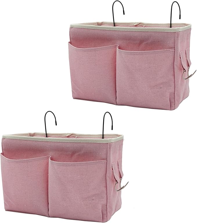 2-Pack Bedside Caddy Bedside Hanging Storage Basket Multi-Function Organizer Caddy for Bunk and Hospital Beds Dorm Rooms Bed Rails, Can be Placed Glasses Books Mobile Phones(2 pcs pink)
