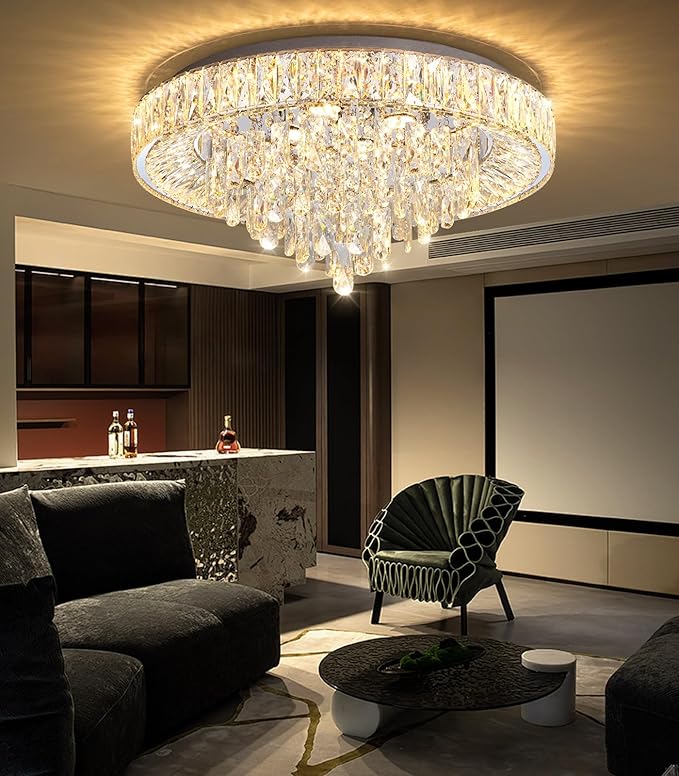 23.6'' Modern Crystal Chandeliers LED Dimmable Flush Mount Ceiling Chandeliers for Living Room Entrance Foyer Bedroom Silver
