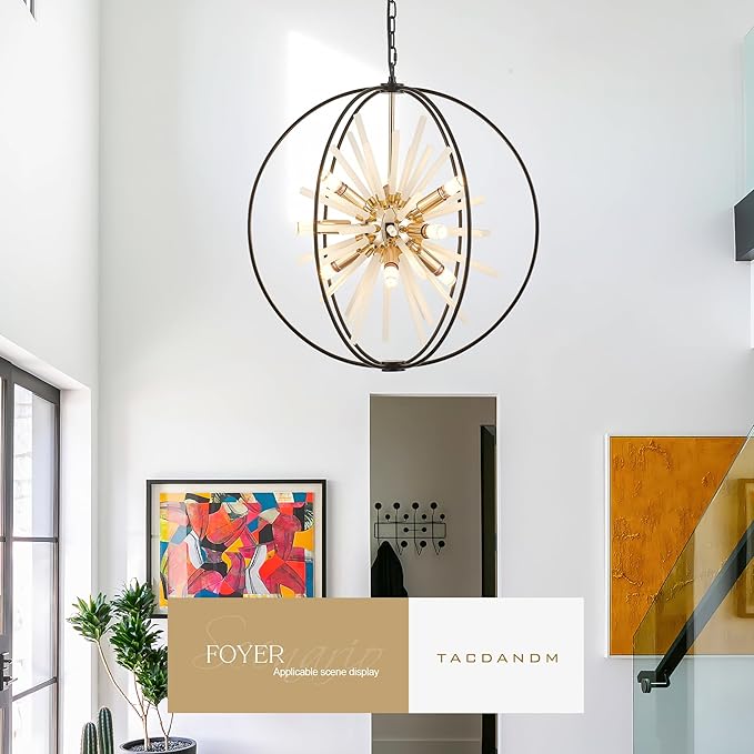 23.6" Black Gold 12-Light Globe Sputnik Chandelier Modern Adjustable Hanging Ceiling Glass Tube Pendant Light Fixture for Entryway Foyer Staircase Dining Living Room Hallway