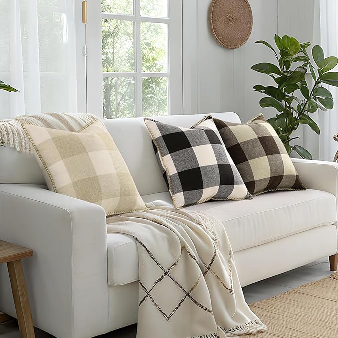 decorUhome Buffalo Plaid Check Fall Throw Pillow Covers 16x16 Set of 2, Outdoor Decorative Farmhouse Pillow Covers with Stitched Edge for Bed Couch Sofa, Cream White and Beige