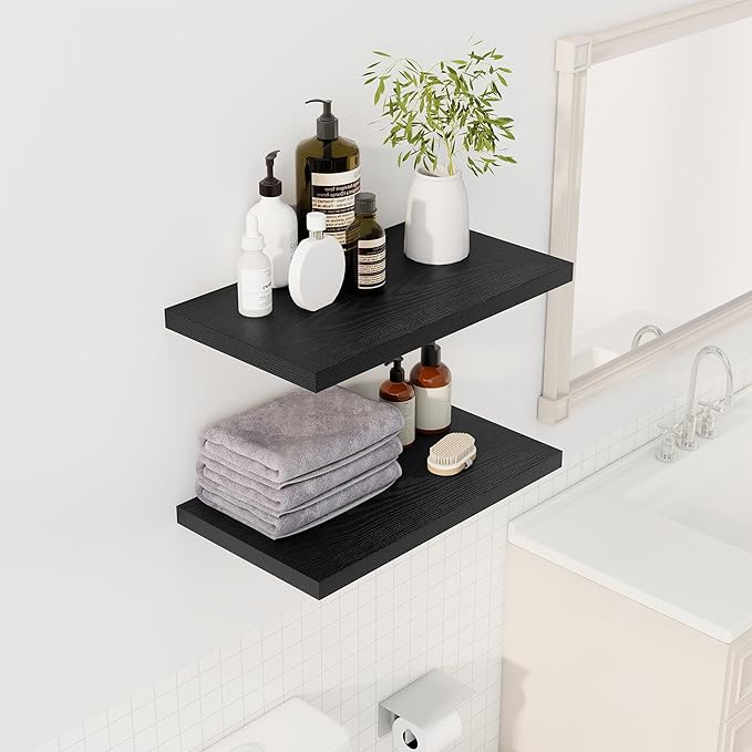 24" Floating Shelves for Wall, 12" Deep Slim Black Floating Shelves, Wall-Mounted Shelves for Bedroom, Living Room, Kitchen, Bathroom - Set of 2