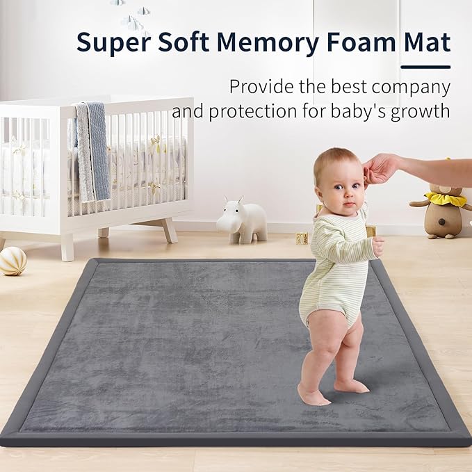ACOMOPACK Baby Play Mat for Floor 1.3" Thick Memory Foam 50x50 Soft Velvet Playpen Mat for Kids,Infants,Toddlers,Tummy Time Crawling Mats with Non-Slip Bottom,Yoga,Tatami,Nursery Rug(Dark Grey)