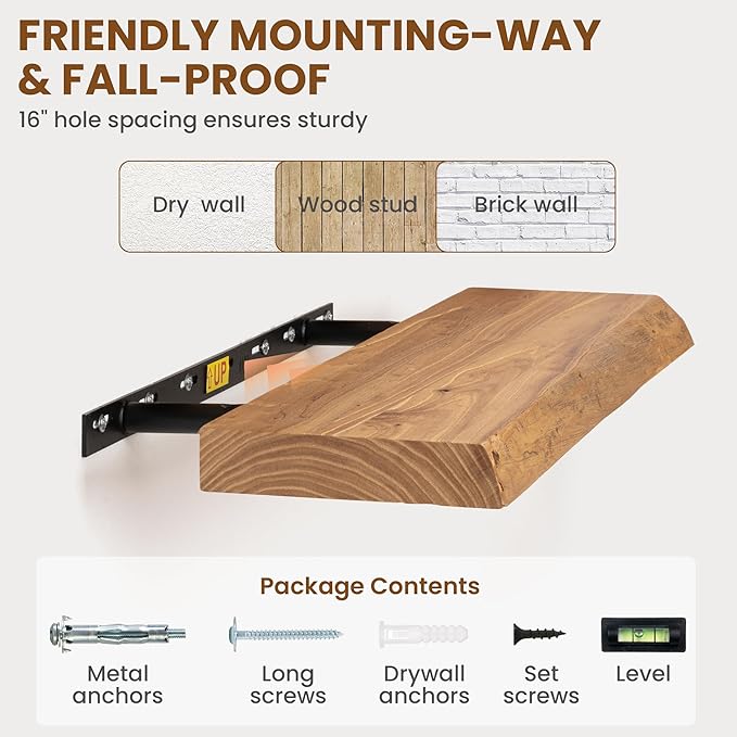 Fun Memories 48" Floating Shelves for Wall, Live Edge Solid Elm Wood Floating Shelf with Invisible Bracket, Wall Mounted Display Wooden Shelves for Bathroom, Kitchen, Bedroom, Natural Color, Set of 1