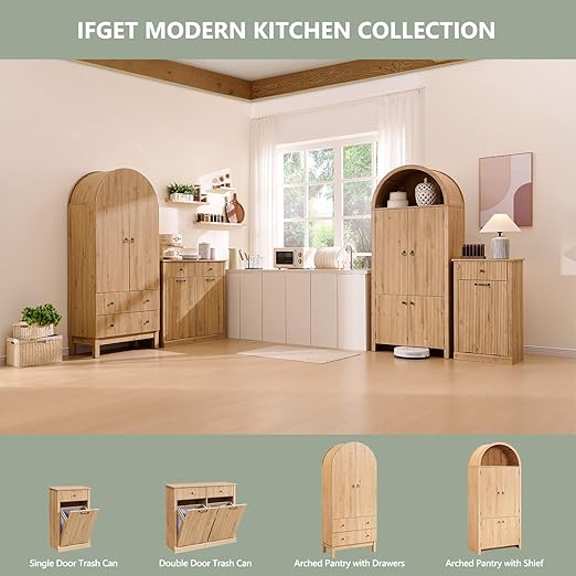 Modern Double Tilt-Out Trash Cabinet, 20 Gallon Fluted Laundry Hamper Cabinet with 2 Drawers, Wooden Hidden Garbage Can Cabinet with Storage Basket for Kitchen & Living Room, Natural Oak