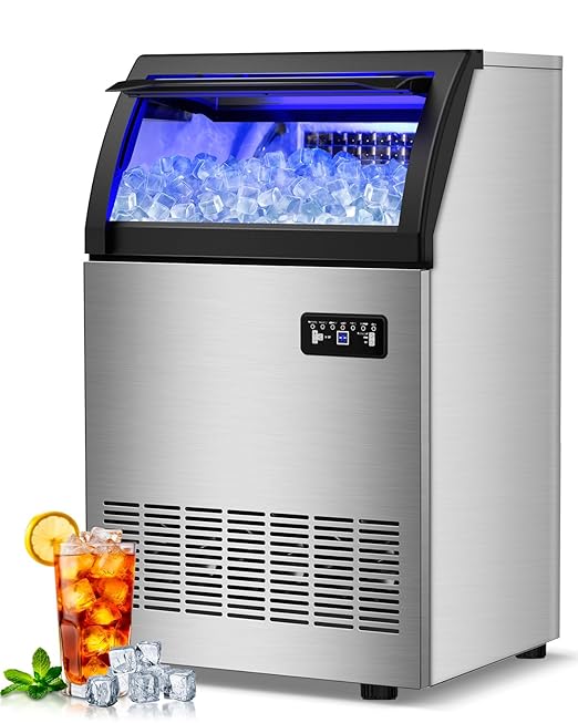 220LBS Commercial Ice Maker Machine - 72PCS Ice Cubes per Round, Undercounter/Freestanding Ice Machine, 55LBS Ice Storage Capacity for Home Bar and Outdoor, Stainless Steel Self-Cleaning