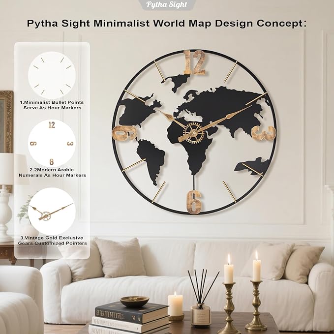 22 Inch Large Wall Clock,Modern Decorative Big World Map with Vintage Gold Arabic Numeral Extra Giant Metal Oversized Wall Clocks for Living Room,Office,Kitchen,Dining Room,Bedroom