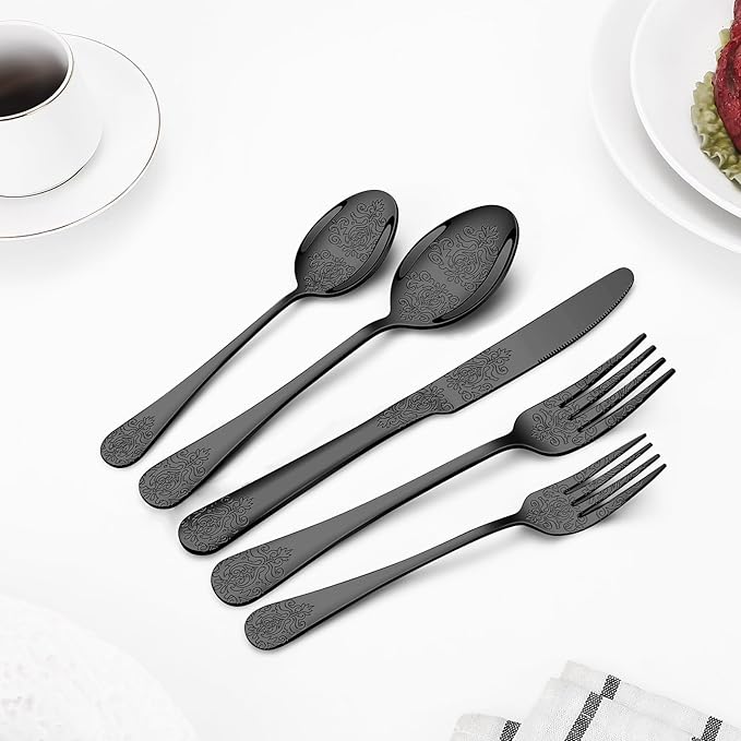 20 Pcs Black Silverware Set for 4 with Classical Flower Embossed Design, Food Grade Stainless Steel Flatware Set, Eating Utensils Sets Include Fork/Knife/Spoon, Cutlery Set, Dishwasher Safe