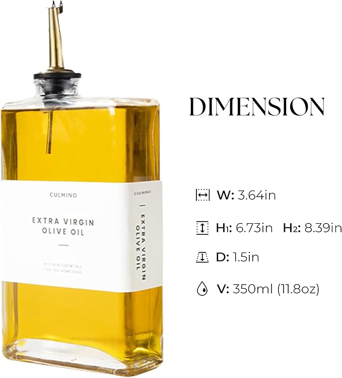 Premium Glass Olive Oil Dispenser Bottle 350ml | Cooking Oil and Vinegar Dispenser Set of 2 | Oil Dispenser for Kitchen with 2 Gold Pourers, Funnel, Brush & 36 Labels