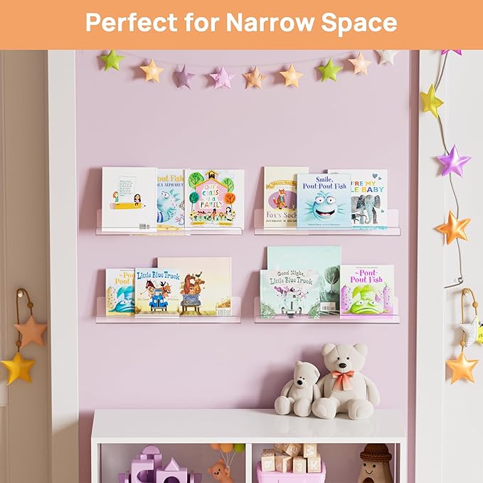 upsimples 4 Pack Acrylic Shelves for Wall Storage, 15" Floating Bookshelves for Kids, Display Shelf Organizer for Bathroom, Bedroom, Living Room, Kitchen, Room Decor, Clear