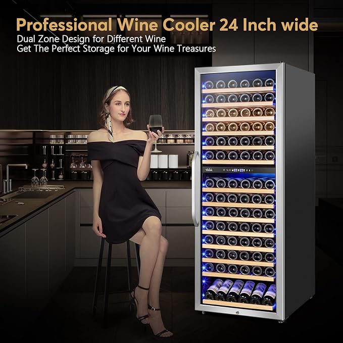 24 Inch Wine Cooler Fridge Dual Zone, Professional Large Capacity High Wine Refrigerator with Powerful Compressor, Quiet Operation and Elegant Design-KMHJ408D