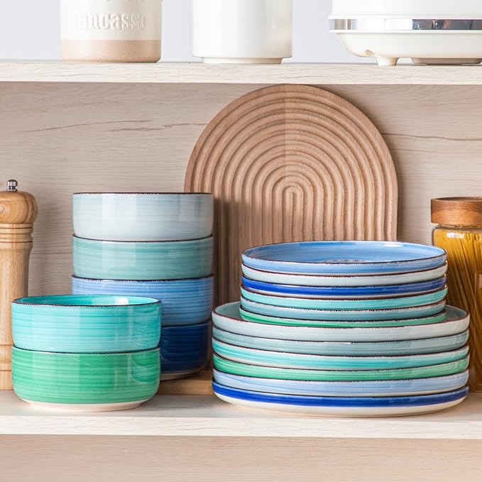 Vancasso Bonita Dinnerware Set - 18 Piece Blue Stoneware Dishes for 6, Plates and Bowls, Dishwasher and Microwave Safe