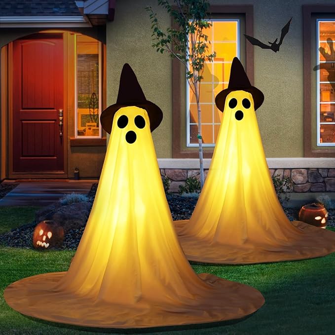 2 Packs Halloween Ghost Outdoor Decorations, 59β Light Up Ghost Decor with Remote Control, Adjustable Height Standing Halloween Lighted Ghost Kit with Witch Hat Ideal for Porch, Garden, Yard