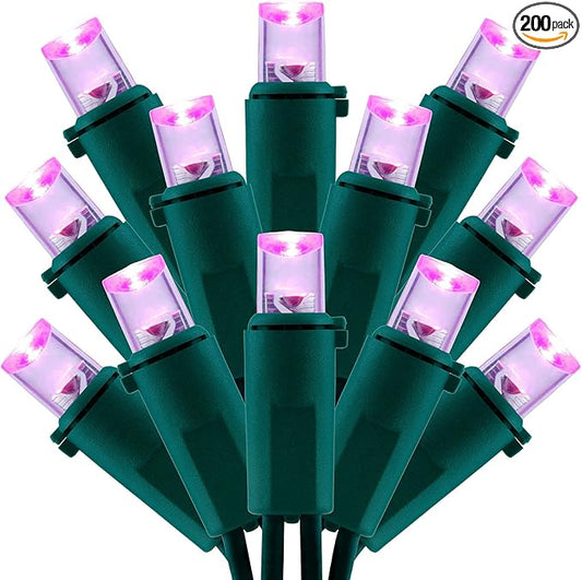 200 Count Pink Wide Angle LED Christmas Lights, 66 ft Green Wire UL Certified Commercial Grade 5mm Holiday String Light Set (Pink)