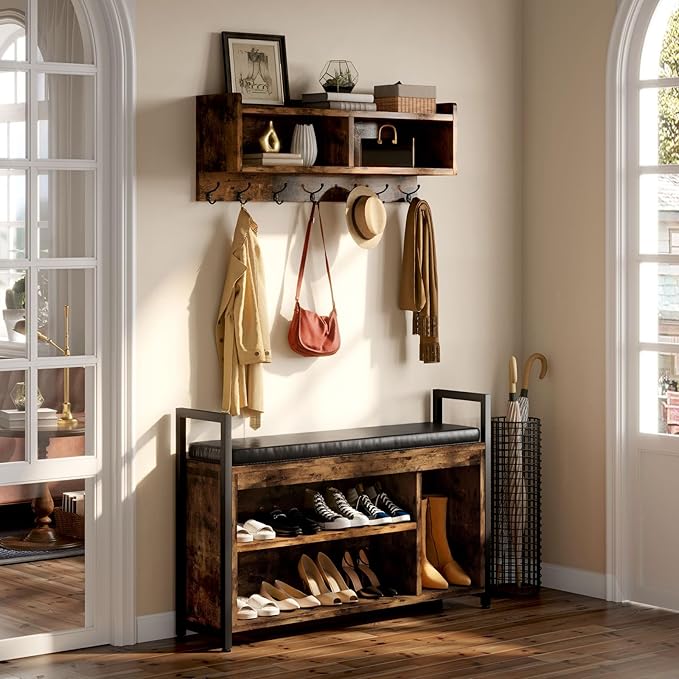 YITAHOME Hall Tree with Bench for Entryway, Wall Mount Coat Rack Shoe Bench Set, Industrial Entrance Organizer with Storage for Hallway, Rustic Brown
