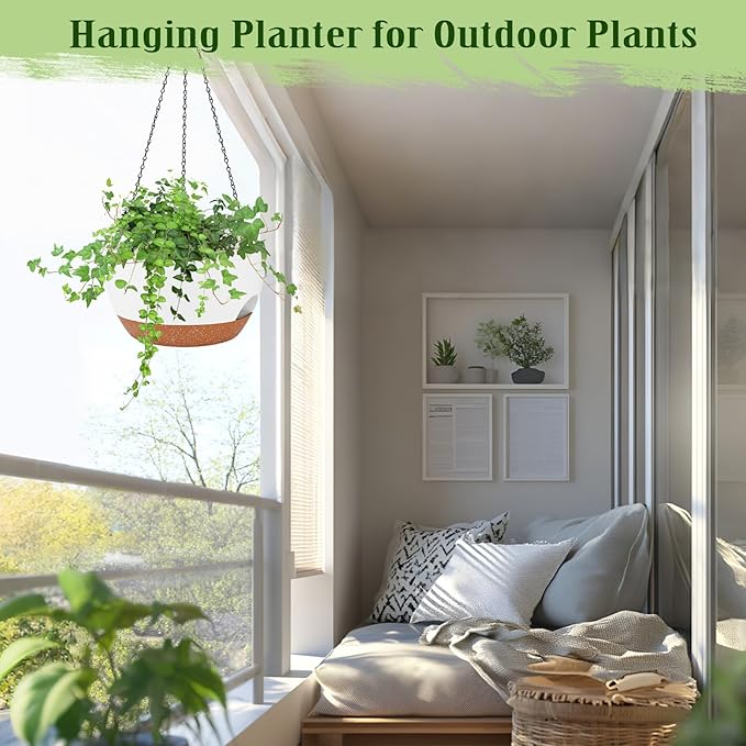Hanging Planters for Outdoor Indoor Plants, 2 Pack 12 Inch Hanging Basket Plants Outdoor, Self Watering Hanging Planter with Plant Hanger for Garden Home Decoration (White)