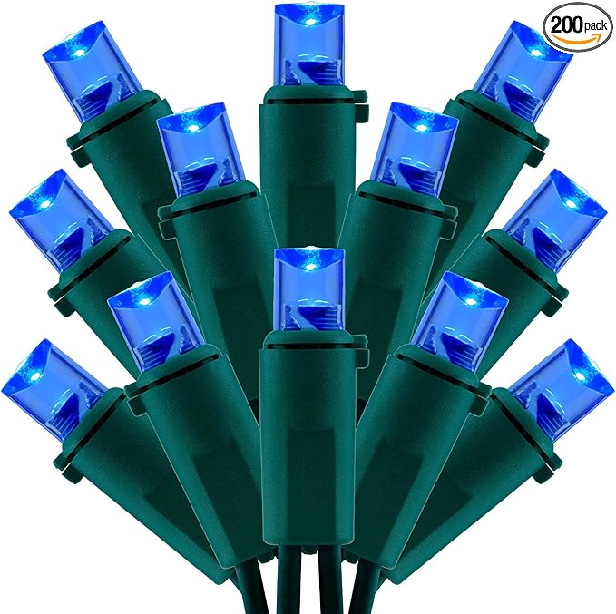 200 Count Blue Wide Angle LED Christmas Lights, 66 ft Green Wire UL Certified Commercial Grade 5mm Holiday String Light Set (Blue)