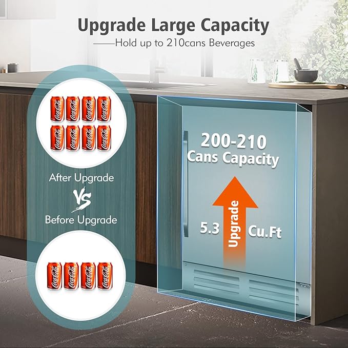 24 Inch Outdoor Beverage Refrigerator Cooler,Stainless Steel Wide Refrigerator for 210 Cans,Fit Perfectly for 24" Space Built-in Counter or Freestanding with powerful and quiet cooling system