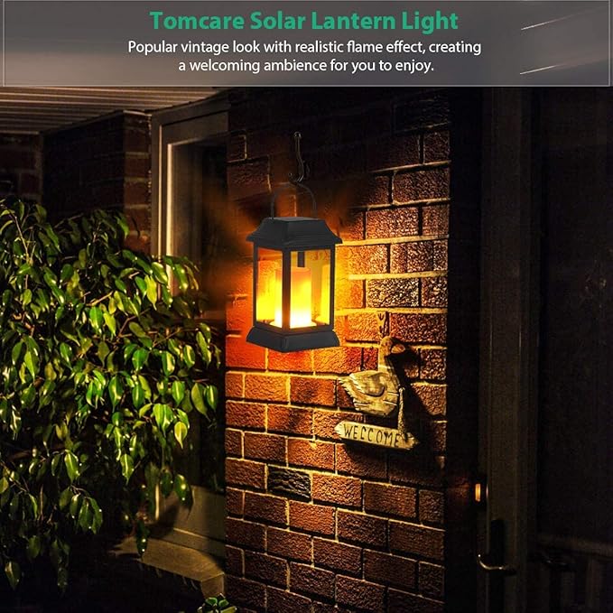 TomCare Solar Lights Metal Flickering Flame Solar Lantern Outdoor Hanging Lanterns Decorative Lighting Heavy Duty Solar Powered Waterproof Umbrella Lighting for Garden Yard Patio Deck, 2 Pack(Black)