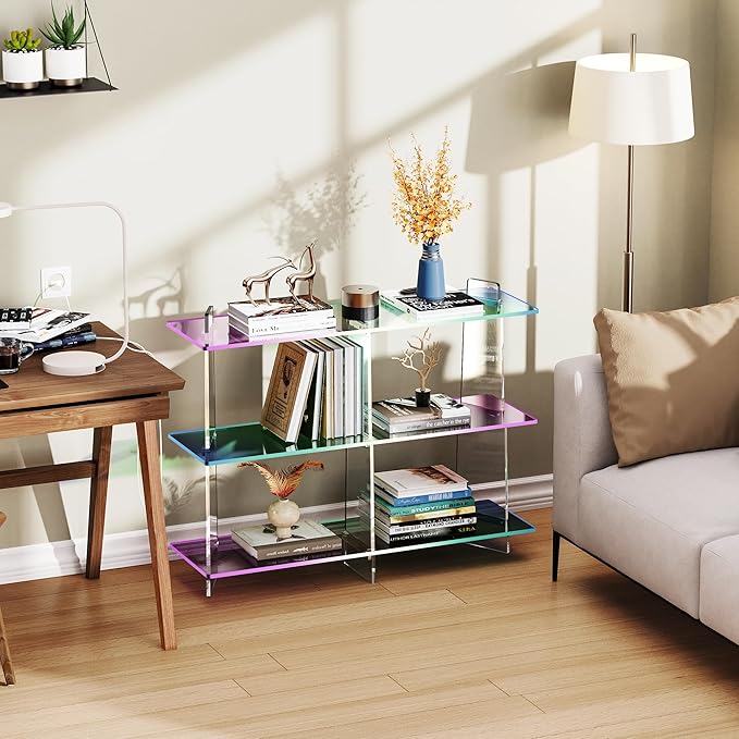 Acrylic Bookshelf, Small 3 Tier Open Bookcase for Small Spaces,Sofa Table, Hallway Entry Table for Home Living Room (Iridescent, 39.4" x 11.8" x 31.5)