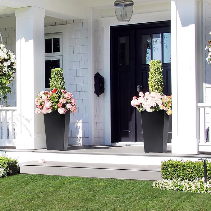 22.5" Tall Planters Set of 2, Outdoor&Indoor Black Planter Pots, High Front Porch Planter Pots with Drainage Holes&Water Level Monitor&Inner Bucket, Automatic Watering, Black