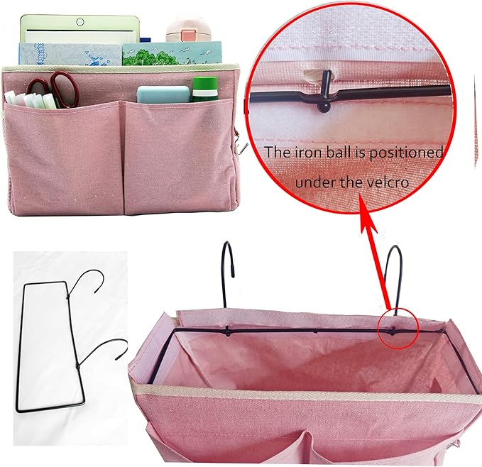 2-Pack Bedside Caddy Bedside Hanging Storage Basket Multi-Function Organizer Caddy for Bunk and Hospital Beds Dorm Rooms Bed Rails, Can be Placed Glasses Books Mobile Phones(2 pcs pink)