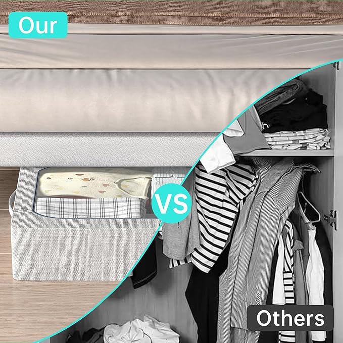 3PCS Under Bed Storage Bins with Metal Frame, Linen Fabric Frame Storage Box Clothes Organizer Bins, Underbed Container with Clear Window (Light Grey, 23.6 x 13 x 6IN)