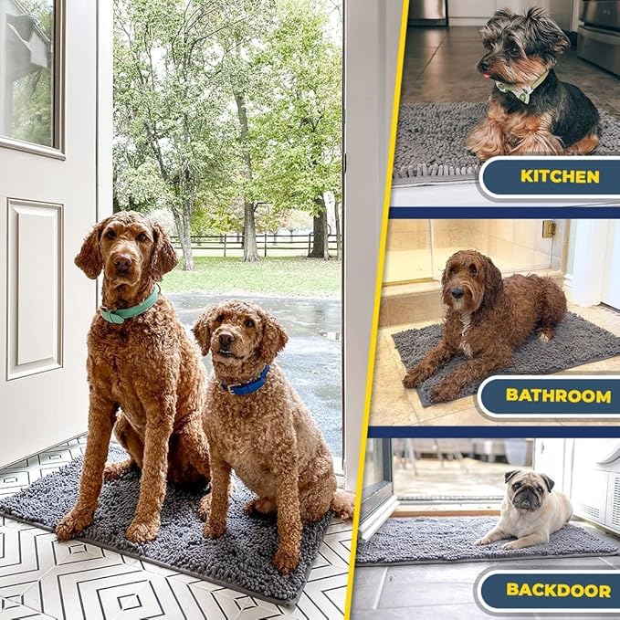 Muddy Mat® 4-Piece Grey Medium 30"X19" AS-SEEN-ON-TV Highly Absorbent Microfiber Door Mat, Bath Mat and Pet Rug, Non Slip Thick Washable, Soft Chenille for Kitchen Bathroom Bedroom Indoor and Outdoor