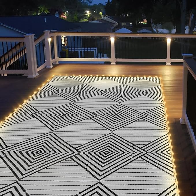 8x10ft Waterproof Outdoor Rug with LED Lights, Foldable Reversible Plastic Straw Mat for Patio RV Camping Picnic Balcony Beach Deck Indoor Outdoor Carpet, Black&White