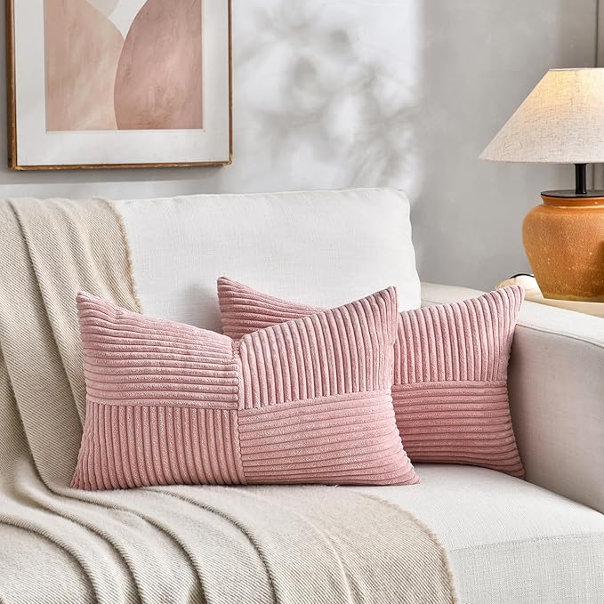 Fancy Homi 2 Packs Blush Pink Lumbar Decorative Throw Pillow Covers 16x32 Inch for Living Room Couch Bed, Rustic Farmhouse Boho Home Decor, Soft Striped Corduroy Rectangle Accent Cushion Case 40x80 cm