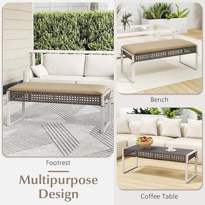 Tangkulka Outdoor Ottoman, Patio Rattan Heavy Duty Wicker Footrest with Soft Cushion & Metal Frame, Extra Seating, for Porch, Backyard, Lawn and Poolside (2)