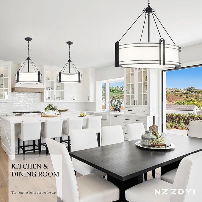 20.4''Drum Chandelier,5-Light Fabric Modern Chandeliers,Black Farmhouse Round Pendant Light Fixture for Dining Room Kitchen Island Living Room Bedroom Hallway