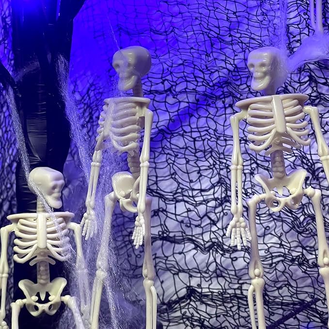 24 Pcs mini skeleton halloween decoration With hemp rope,6”small plastic posable halloween tiny skeleton figurines decor for Halloween Indoor Outdoor Graveyard Decor Haunted House Party Favors