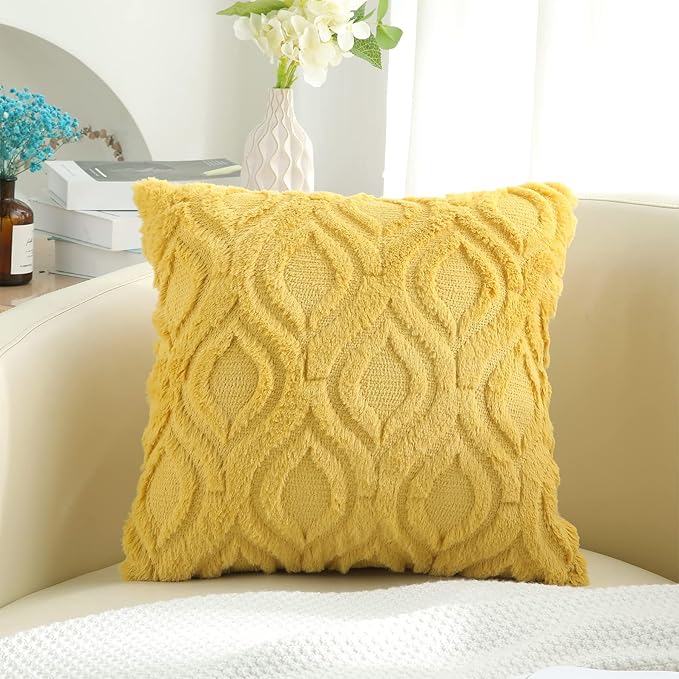 decorUhome Throw Pillow Covers 24x24 Inch Set of 2, Soft Plush Decorative Faux Fur Mustard Yellow Solid Couch Pillow Covers, Accent Farmhouse Neutral Square Euro Pillow Cases for Sofa Bed Living Room