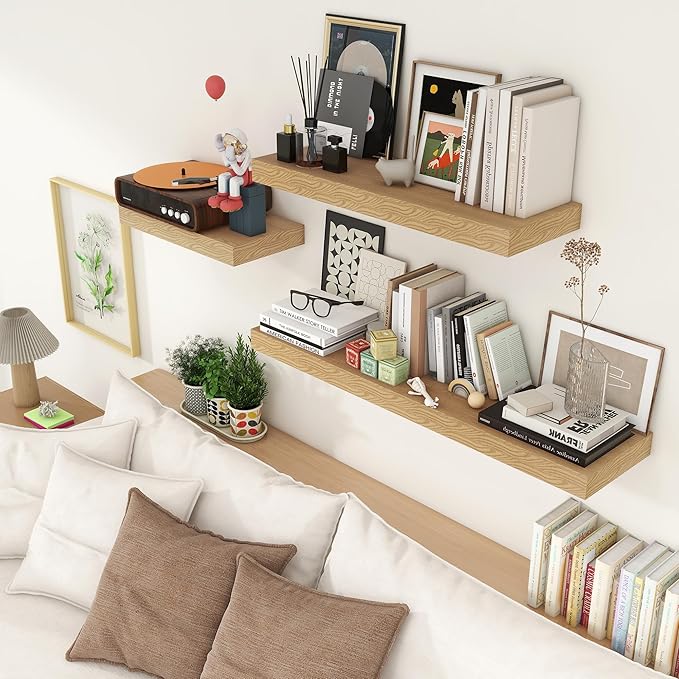 Deep Floating Shelves for Wall, 35.4W x 11.6D Rustic Large Wall Shelves Set of 2, 11.6 Inch Deep Oak Shelves 35.4 Inches Long, Bookshelf Laundry Shelf TV Shelf