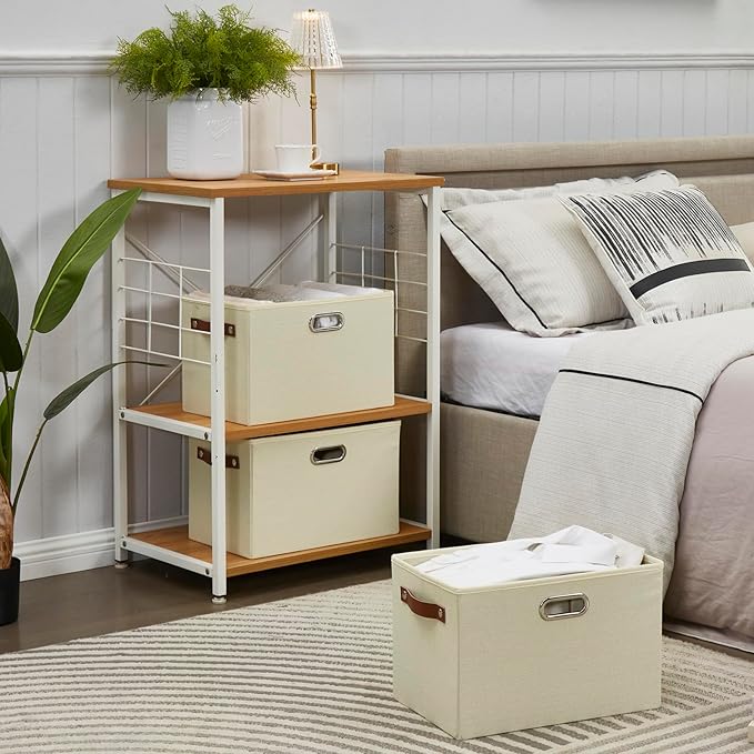 Large 3-Pack Foldable Fabric Storage Bins with Durable PU & Metal Handles , Collapsible Storage Baskets for Shelves, Home Storage, Closet Organizers, Living Room(14.9"x9.8"x9.8", Beige)