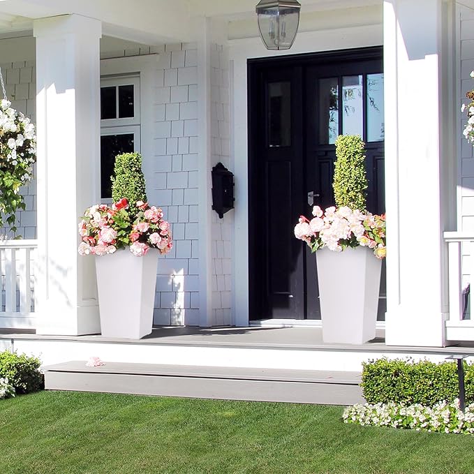 22.5" Tall Planters Set of 2, Outdoor&Indoor Black Planter Pots, High Front Porch Planter Pots with Drainage Holes&Water Level Monitor&Inner Bucket, Automatic Watering, White