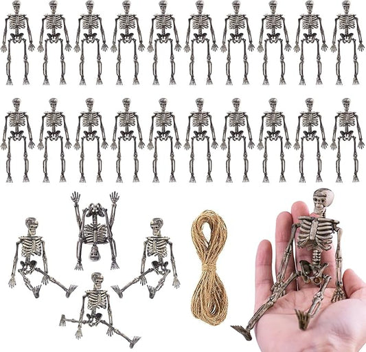 24 Pcs mini skeleton halloween decoration With hemp rope,6”small plastic posable halloween tiny skeleton figurines decor for Halloween Indoor Outdoor Graveyard Decor Haunted House Party Favors