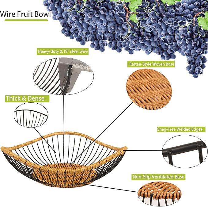 Vine Woven Iron Fruit Bowl, Metal Wire Fruit Basket, Vegetable Drain Basket, Storage Baskets for kitchen counter, countertop,Snacks, Candy, Bread,Cosmetics,Table decorative(12 x 3.7 Inches)