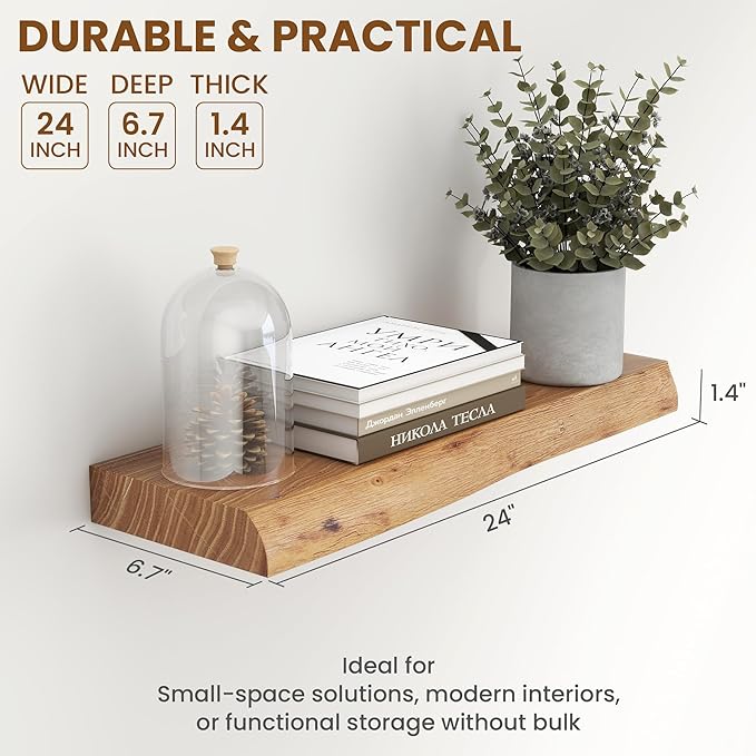 24" Floating Shelves, Live Edge Solid Elm Wood Floating Shelf, Wall Mounted Display Shelves with Heavy-Duty Bracket for Books, Rustic Wooden Shelf for Kitchen, Bathroom, Natural Color, Set of 2