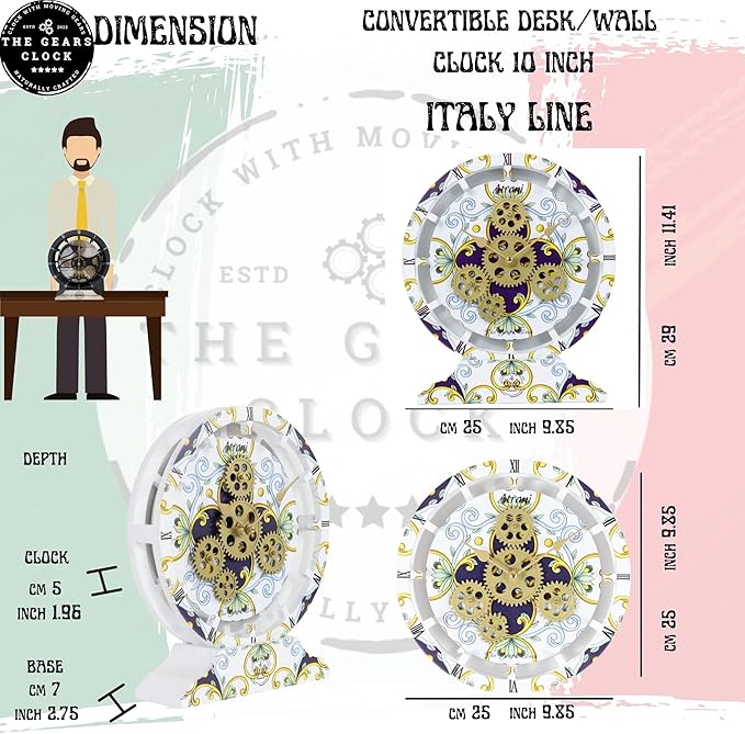 The Gears Clock Wall Clock Italy Collection with Moving Gears (Meta, 10 inch Round)