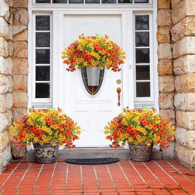20 Bundles Artificial Flowers for Outdoors with 6 Faux Butterflies, UV Resistant Fake Flowers with Eucalyptus Leaves, Artificial Plants Outdoor for Patio Garden Porch Home Decor (Orange Yellow)