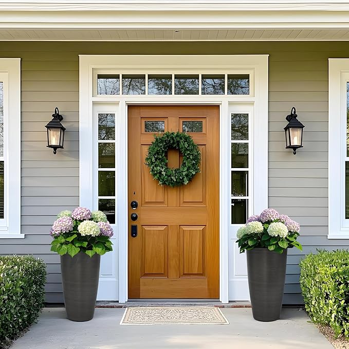 22.8" Resin Planters for Outdoor Plants, Set of 2 Modern Large Flower Pots with Handmade Brushed Metal Finish, Weather Resistant for Indoor/Outdoor Year-Round Use