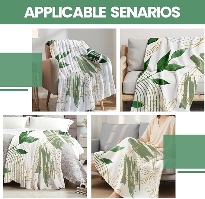 Sage Green Leaf Throw Blanket Mid-Century Green and Gold Boho Flannel Blankets for Couch Bed Living Room Sofa, Decorative Patterned Super Soft Cozy, 50x60 in