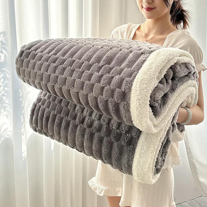 UKELER Sherpa Throw Blanket 60 × 80 inch, 470 GSM Striped Sherpa Fleece Blanket for All Season, Warm and Cozy Blankets for Couch Sofa Bed Office Camping, Dark Grey