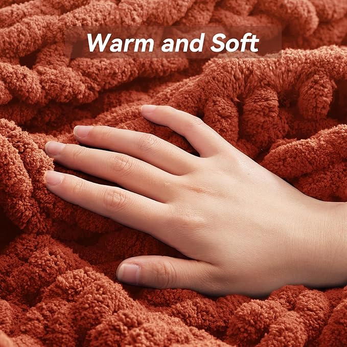 Chunky Knit Throw Blanket, 30''*40'' Fall Throw Blanket Knitted Chenille Yarn for Bed Couch, Handmade Orange Crochet Big Thick Blanket, Machine Washable Cute Comfy Blankets for Home Decor