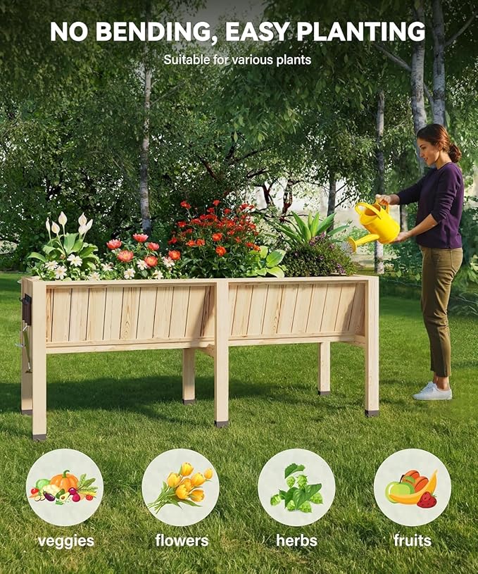 72x26x31 Inch Raised Garden Bed with Legs, 13.7In Depth Wooden Planter Box for Outdoor Growing Vegetables and Herbs, Elevated Garden Bed with Hooks for Backyard, Patio, Balcony